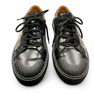 Black Leather Sneakers with Cap Toe and Rubber Sole